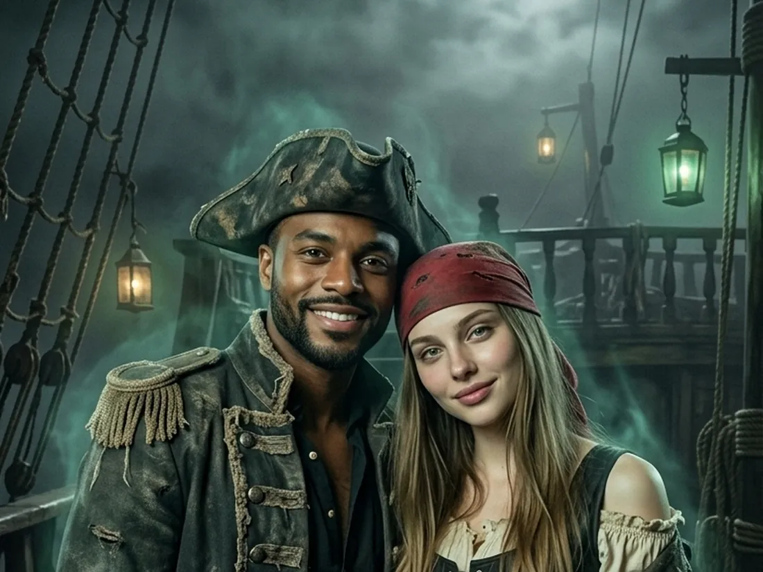 A couple turned into ghost pirates on a foggy ship deck