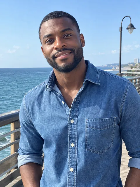 Example input: a man in a denim shirt on a pier