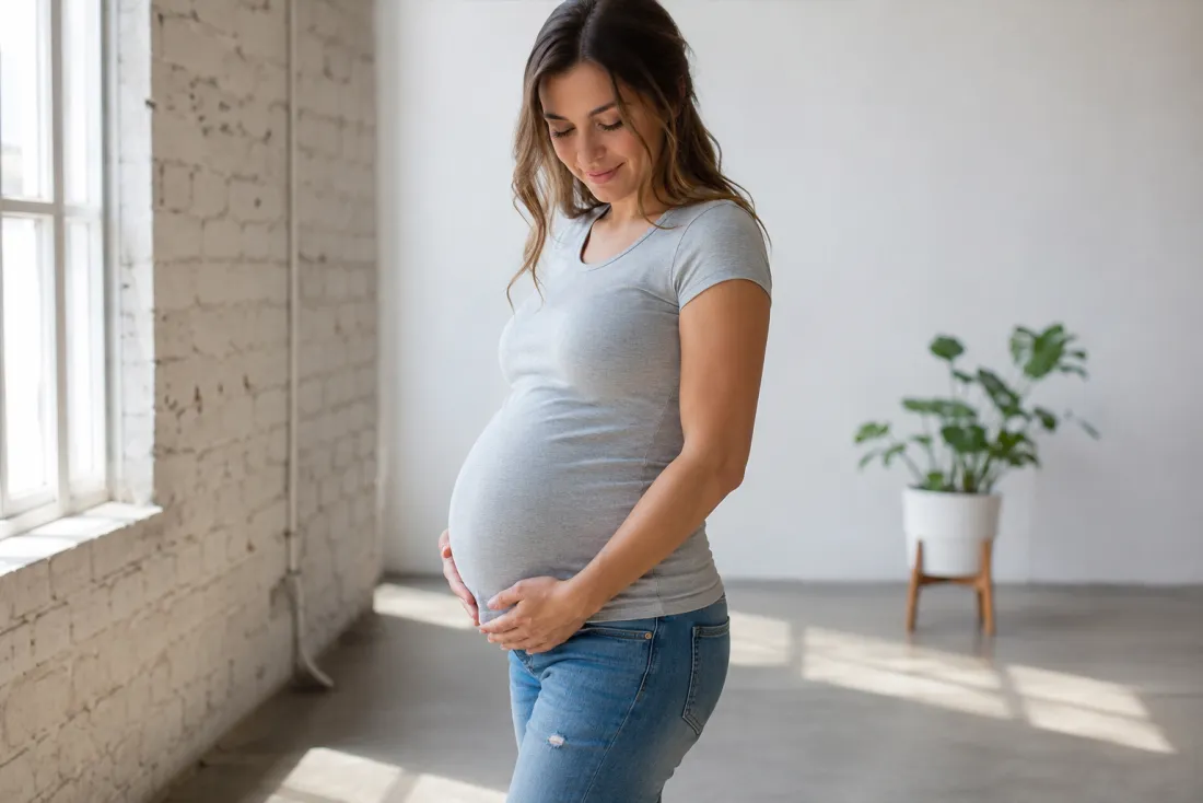 A single portrait with a tasteful, fully clothed baby bump added