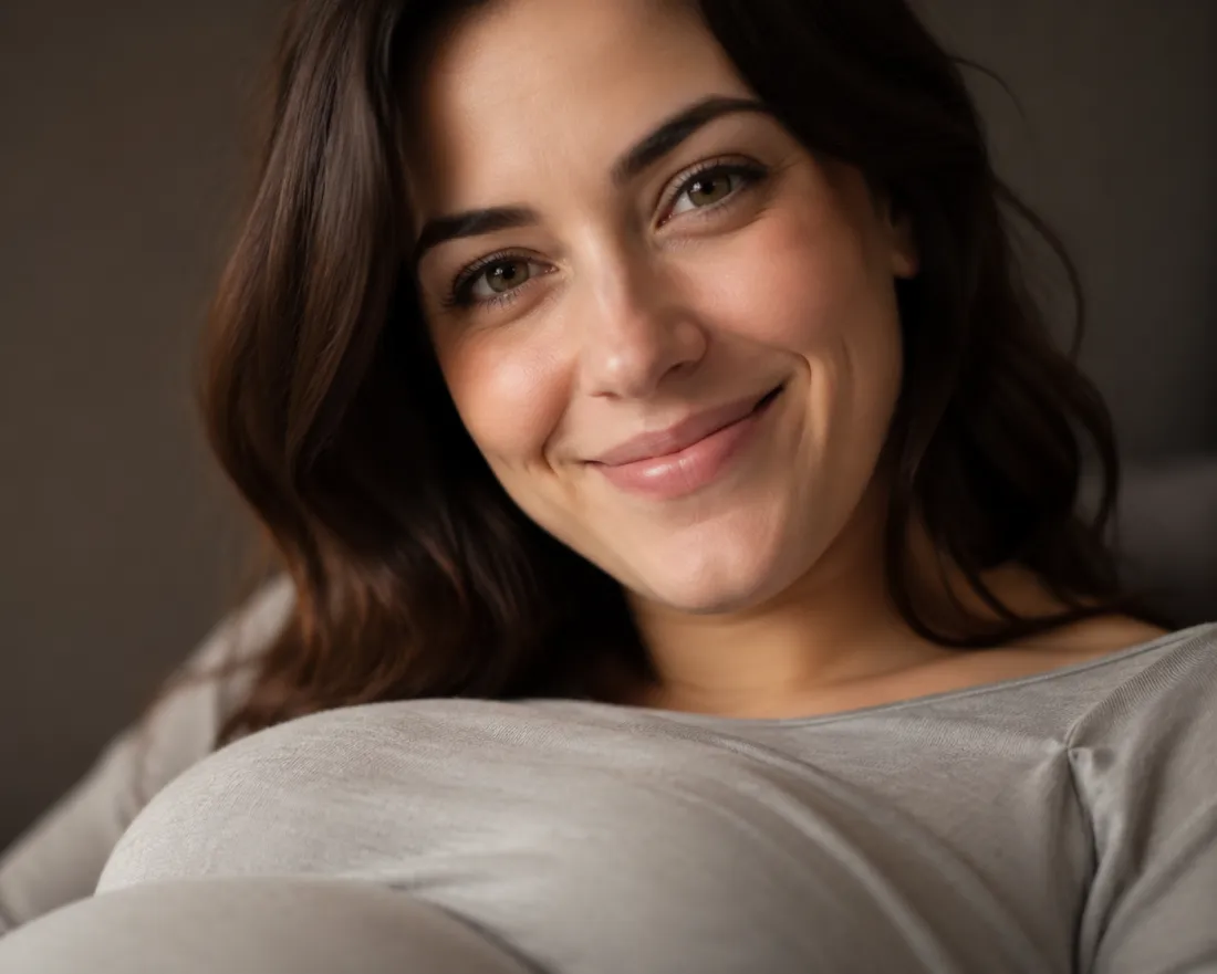 Close-up showing the face kept true while a baby bump is added