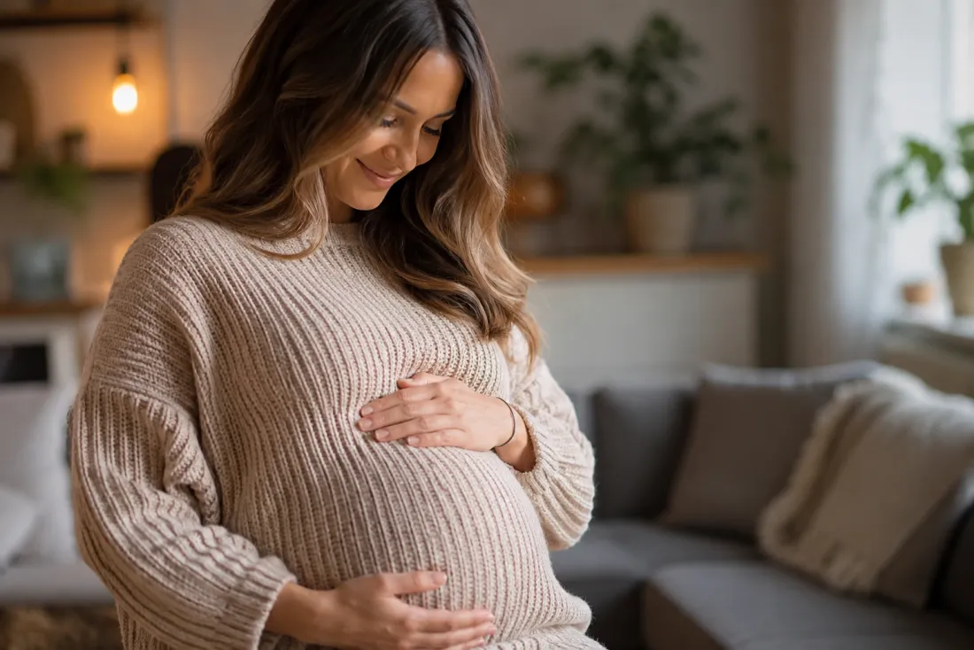 A person in everyday clothes resting a hand on a gentle baby bump