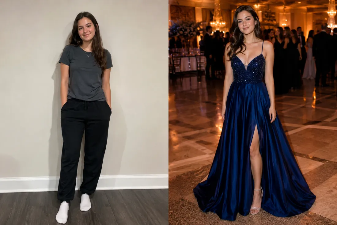 One casual photo shown beside the same person in a prom gown