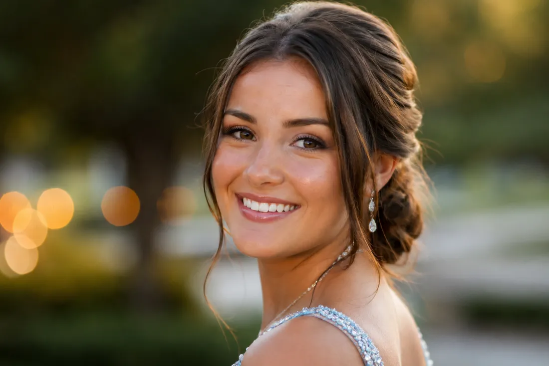 Close-up showing the same face kept while the outfit becomes formalwear