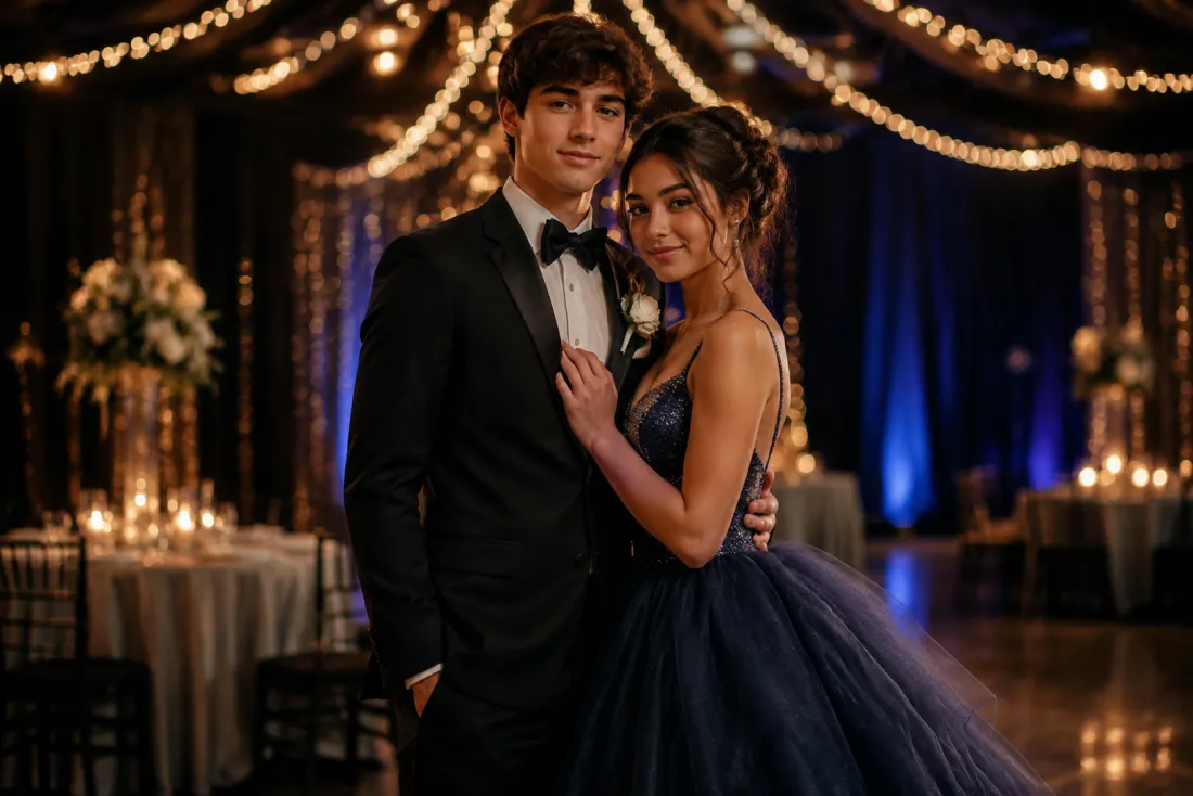 A styled prom portrait with gown, hair and a softly lit venue backdrop