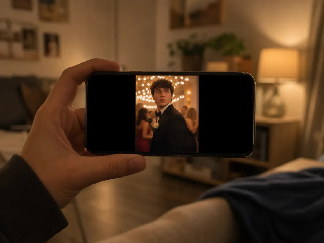 A vertical prom-look video on a phone ready for Reels and TikTok