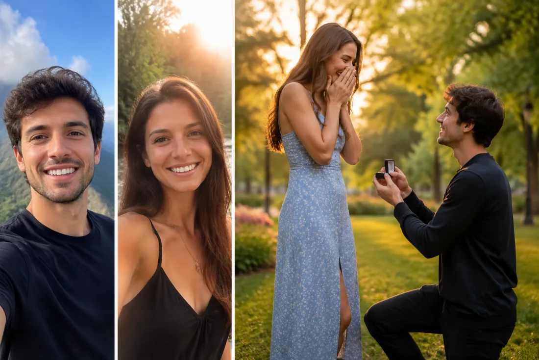 Two single photos merging into one kneeling proposal scene