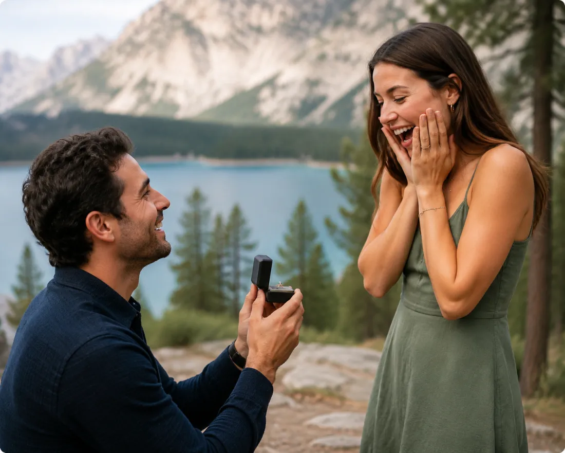 Close-up of a proposal scene with both partners' faces clearly recognizable