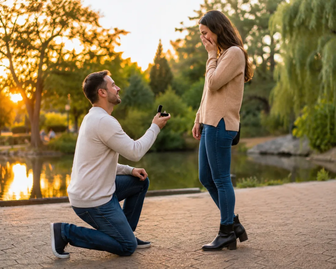 A partner kneeling with an open ring box as the other reacts with joy