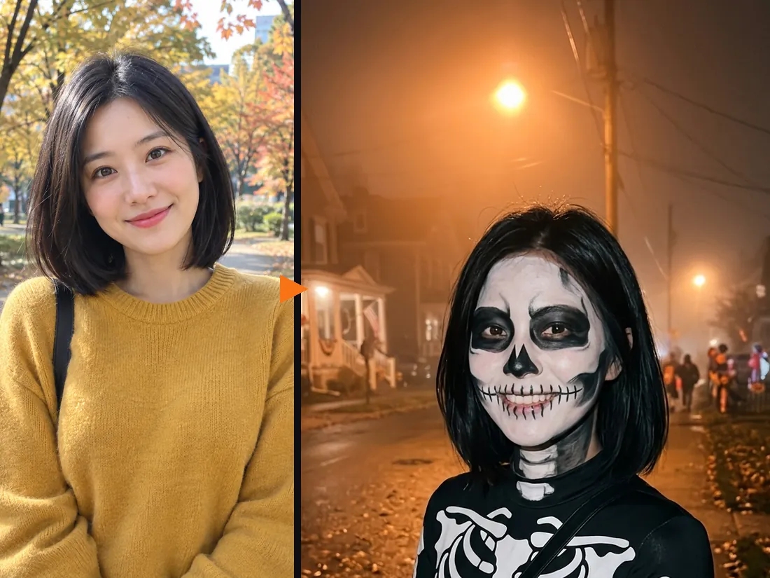 Before and after: an everyday selfie and the same woman with skeleton face paint