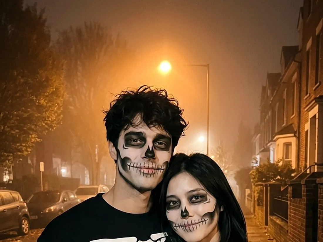 A couple with matching skeleton face paint and bone-print outfits