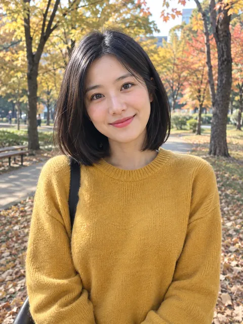 Example input: a woman in a mustard sweater in an autumn park