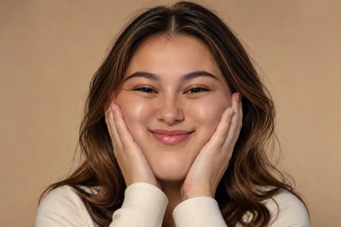 A portrait photo gently squeezing and rounding like soft jelly