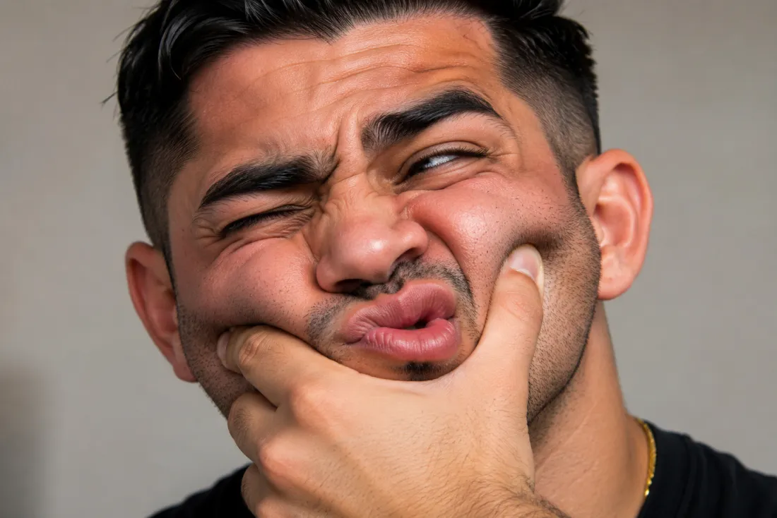 Close-up of a face mid-squish that's still clearly the same person
