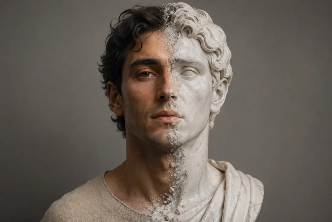 A portrait photo transformed into a polished white marble statue