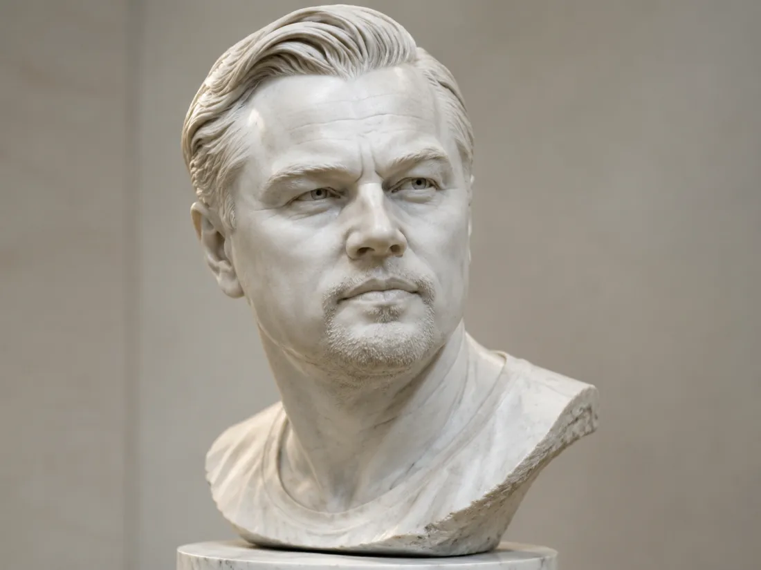 Close-up of a marble bust keeping the subject's real facial features