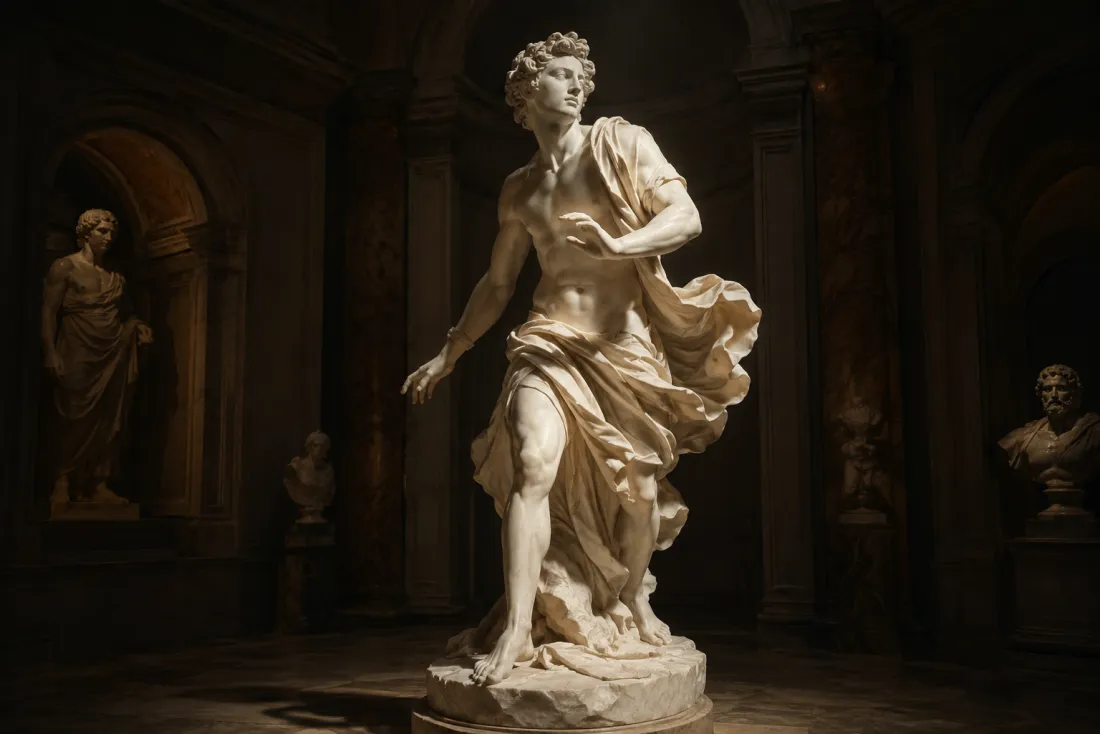 A marble statue slowly turning its head and opening its eyes as it comes to life