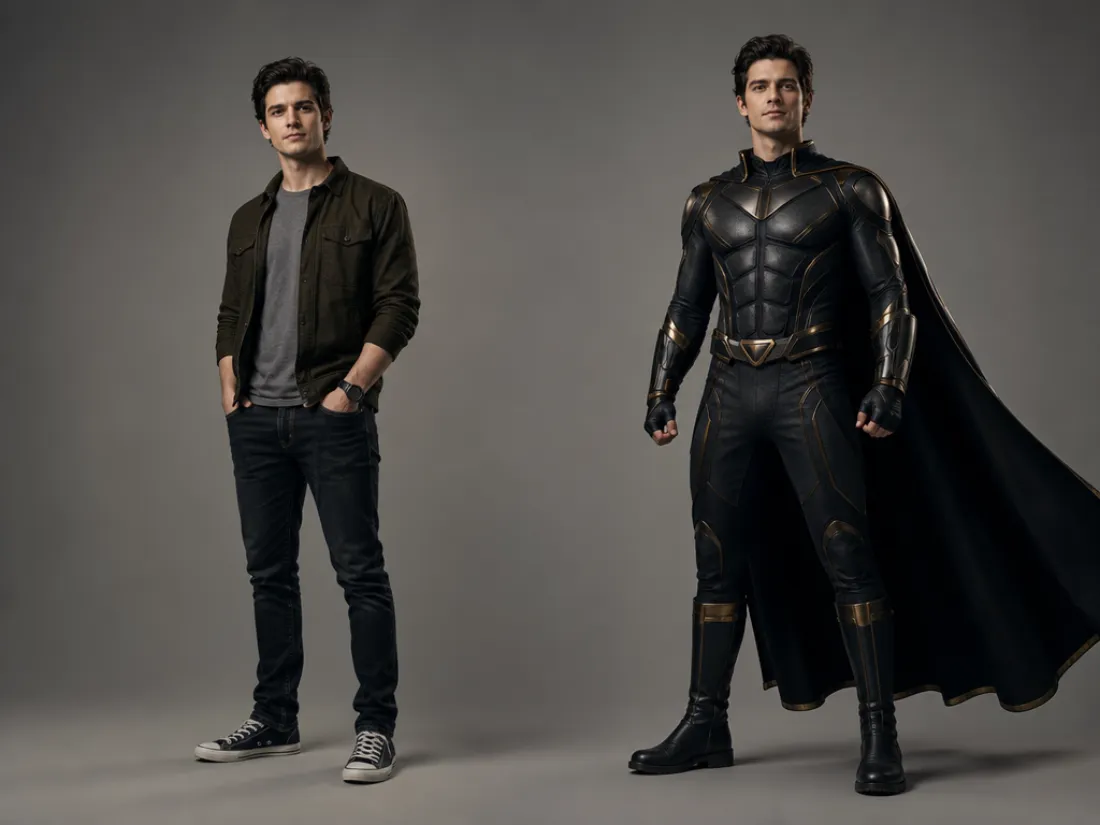 Person's casual photo transformed into a costumed superhero standing tall