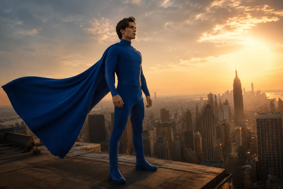 Superhero in a low heroic camera angle with a cape caught mid-billow