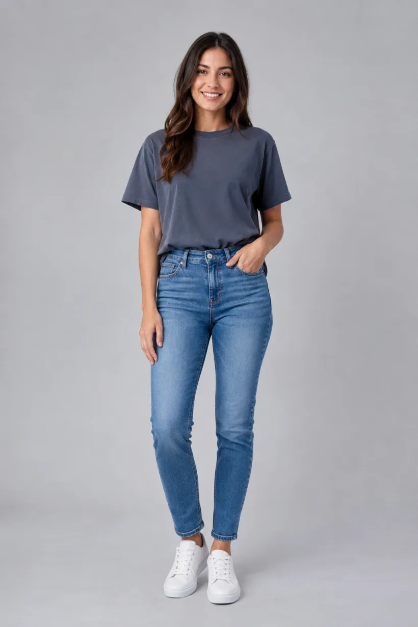 A real full-body photo of a person standing in casual clothes