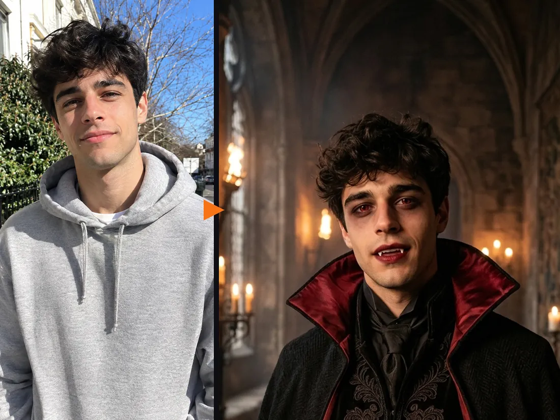 Before and after: an everyday selfie and the same man as an elegant vampire