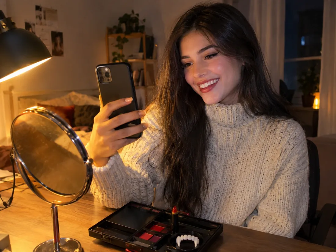 A woman at home grinning at her phone next to a Halloween makeup kit with fake fangs