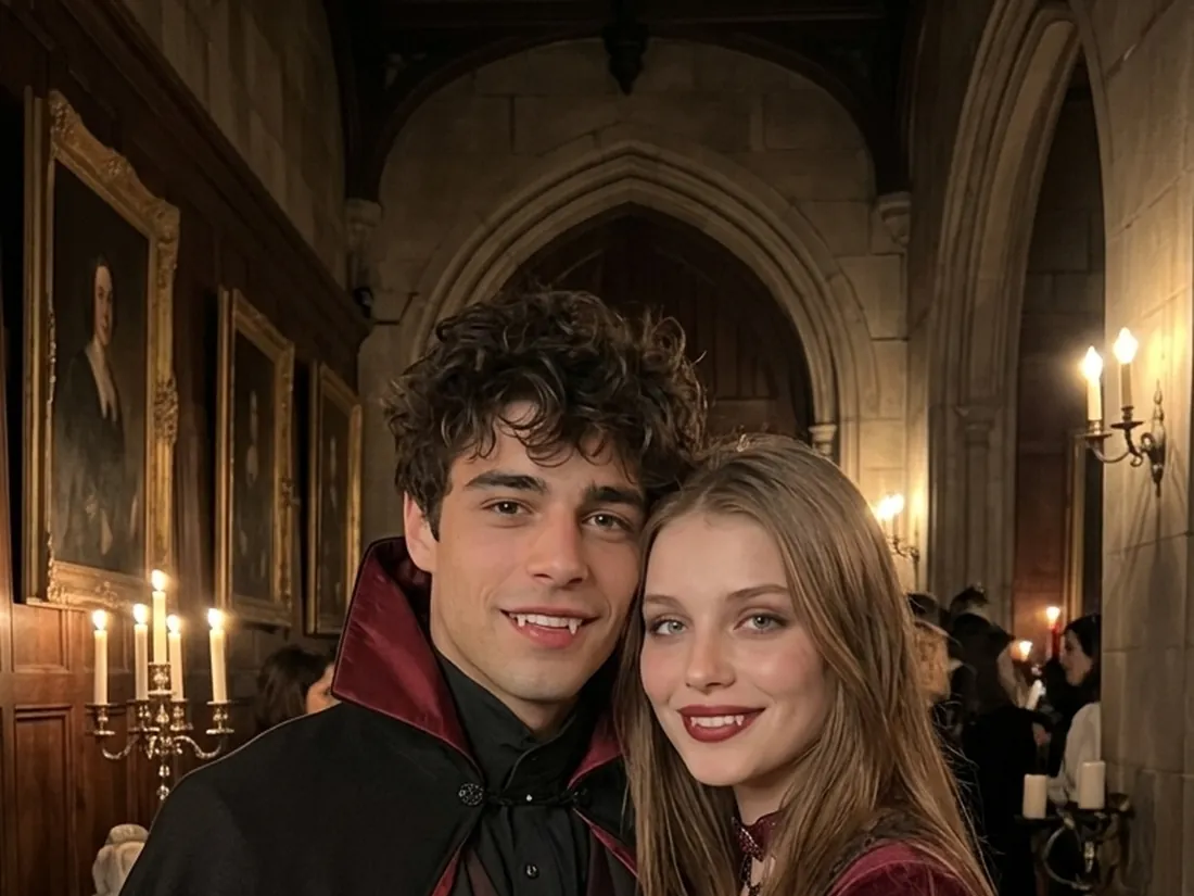A couple turned into vampires in a candle-lit gothic hallway