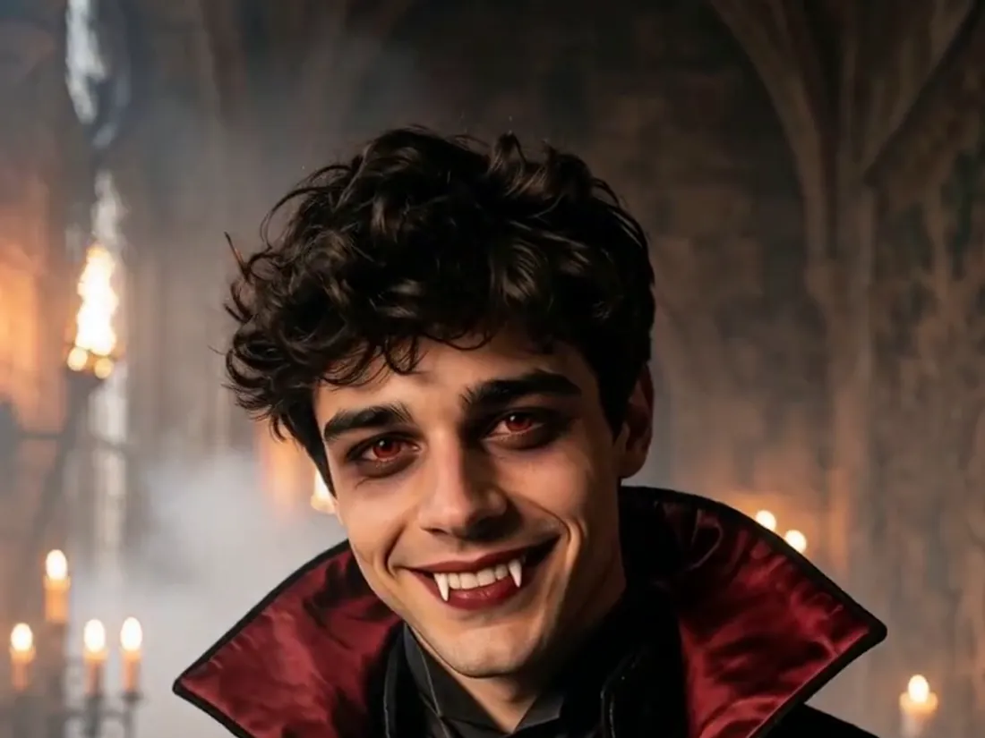 A frame from the vampire video in the candle-lit hall