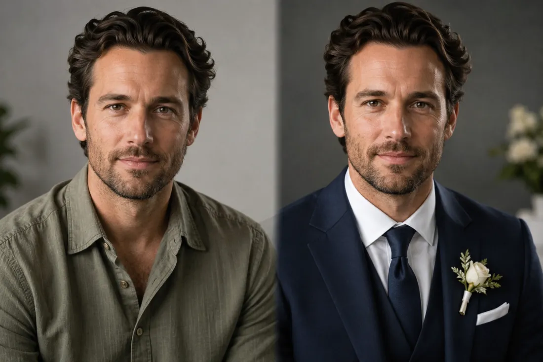 Close-up showing the same face kept true while the outfit becomes wedding attire