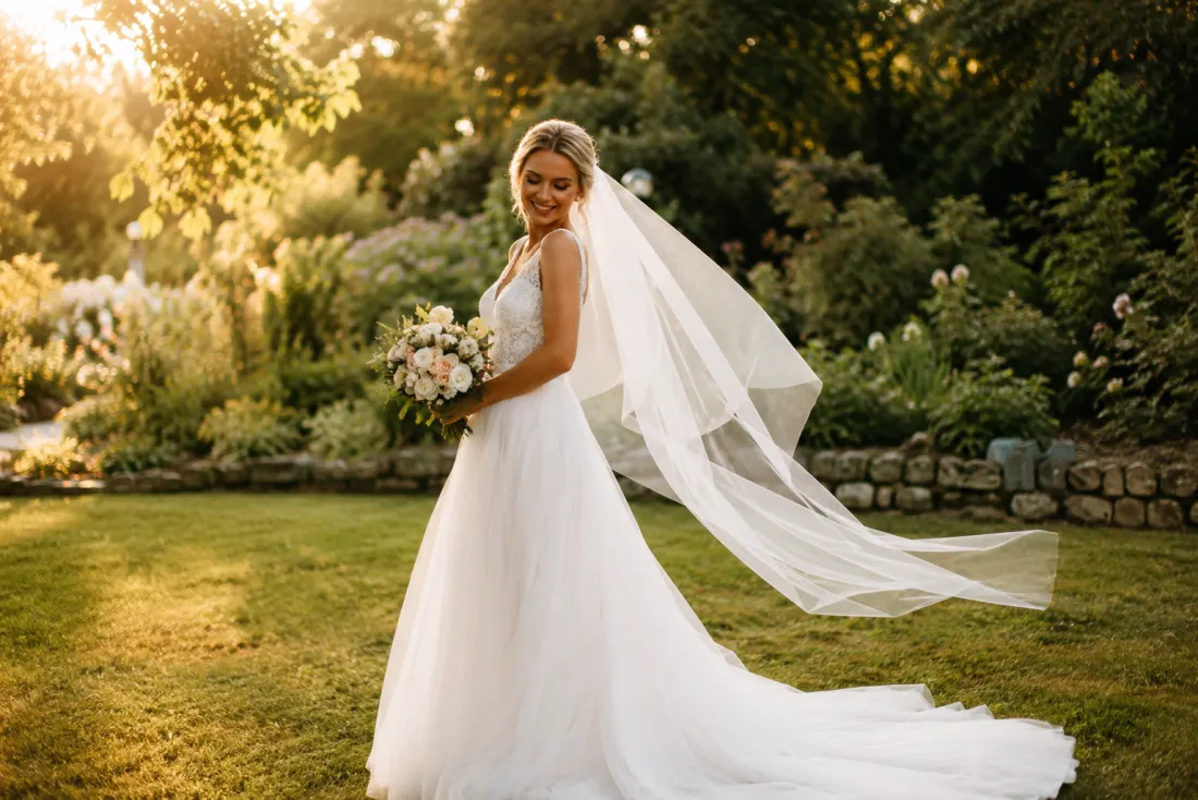 A bride in a white gown in soft golden garden light, a dreamy wedding-day preview