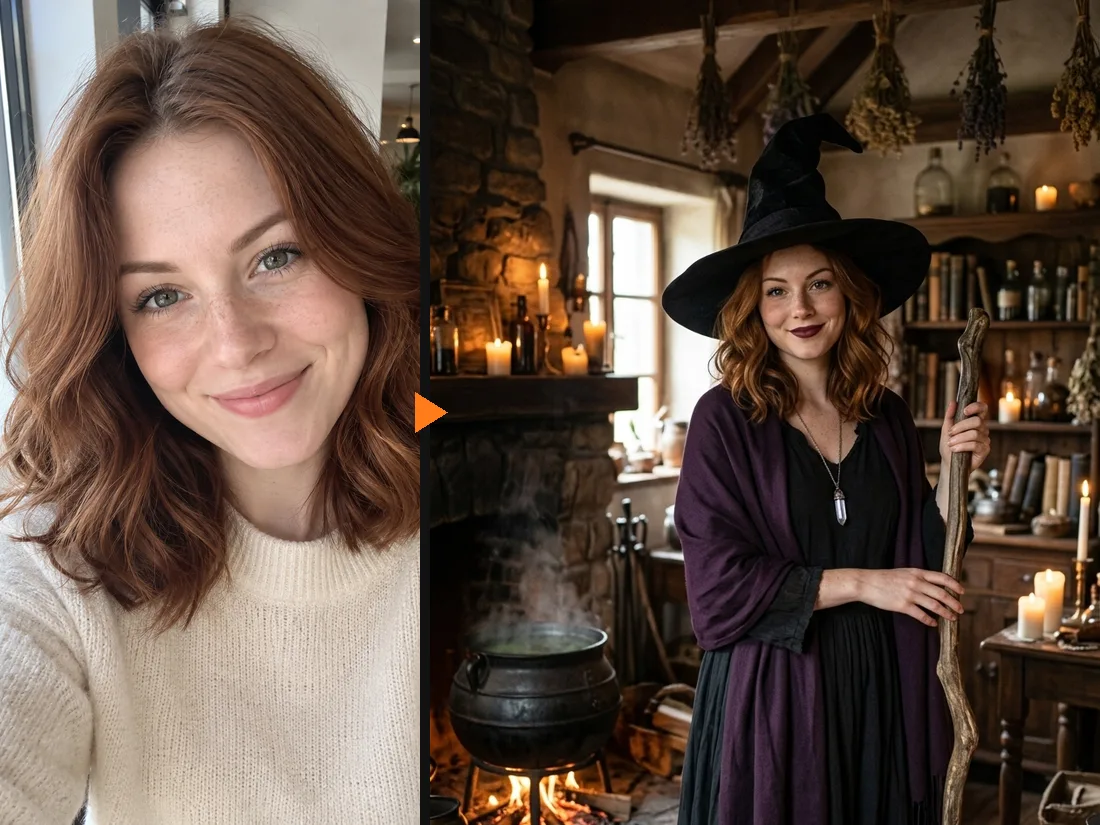 Before and after: a cafe selfie and the same woman as a witch holding a broom