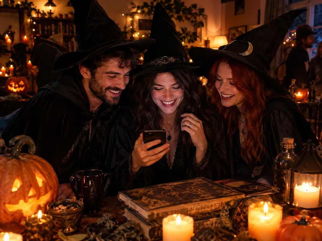 Friends in witch hats at a candlelit Halloween party laughing at a phone