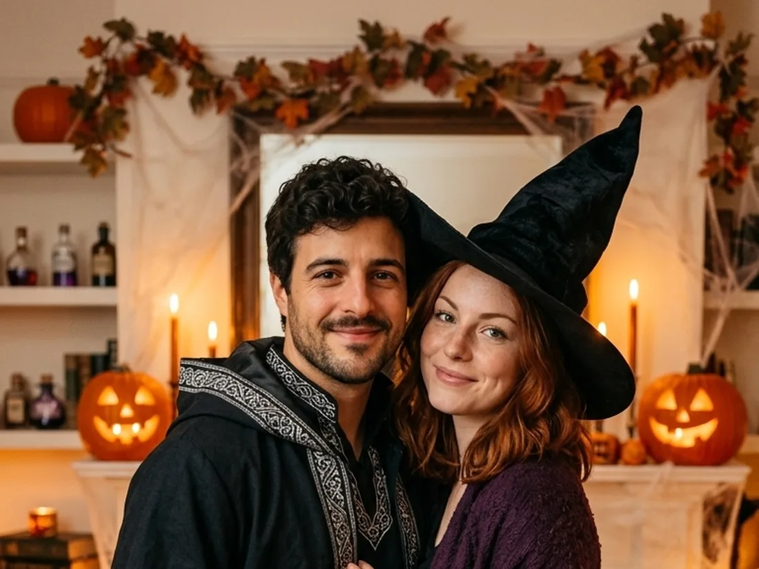 A couple turned into a warlock and a witch in a room full of candles and pumpkins