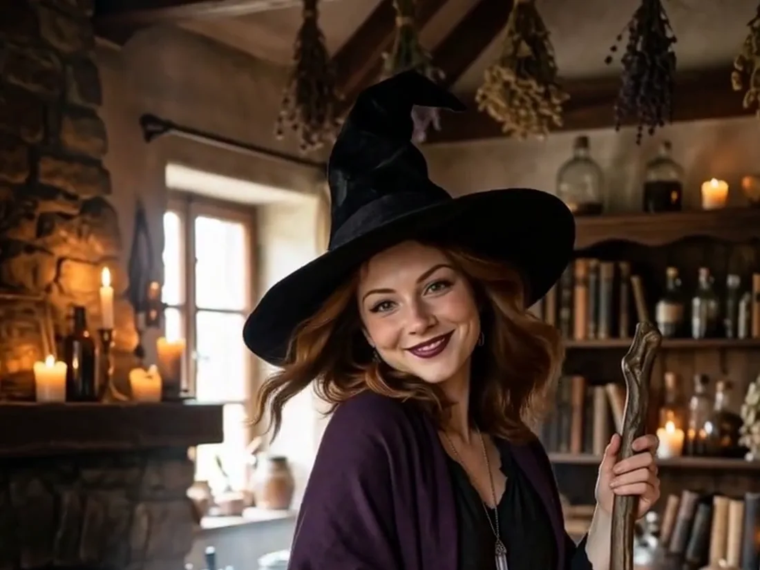 A frame from the witch video with candles and the cauldron