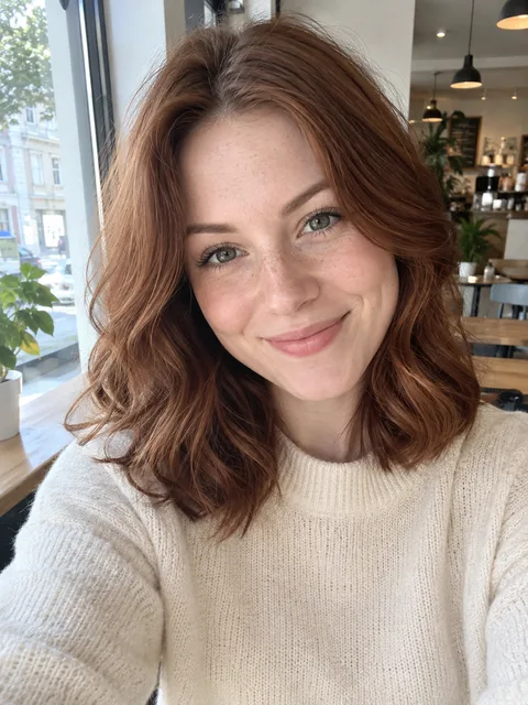Example input: a woman in a cream sweater in a cafe