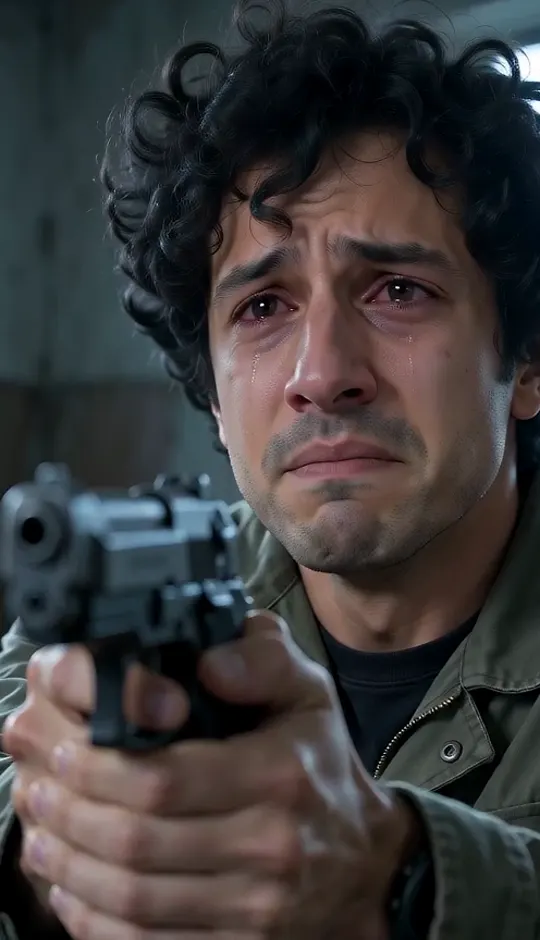 Close-up of a crying man aiming a handgun in a dim cabin, first shot of the AI zombie video