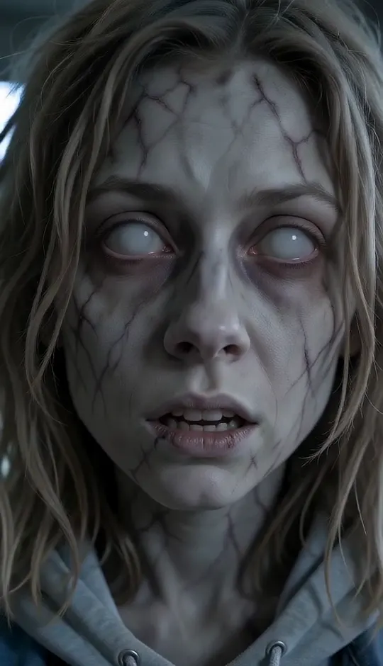 Extreme close-up of a zombie woman with gray cracked skin and milky white eyes