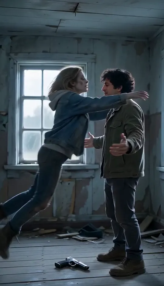 A zombie woman leaps across a wooden cabin toward a man with open arms