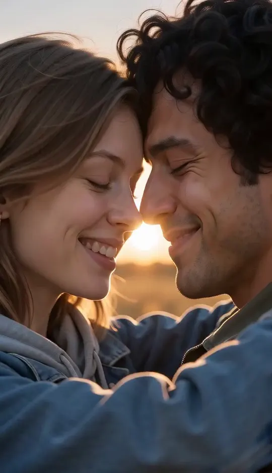 The couple alive again, foreheads touching in a golden wheat field at sunset