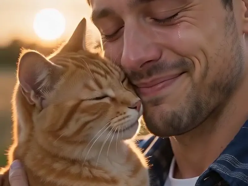 A man smiles with his eyes closed as his orange tabby cat nuzzles his face in a wheat field