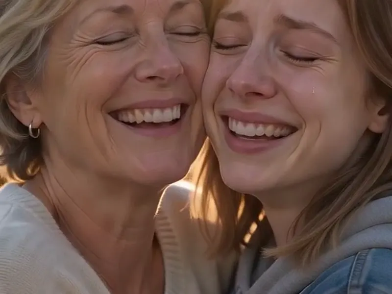 A mother and daughter laughing cheek to cheek in a sunlit wheat field