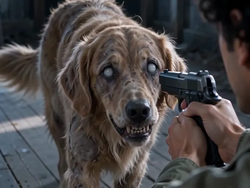 A zombie golden retriever with gray matted fur and white eyes faces a raised handgun