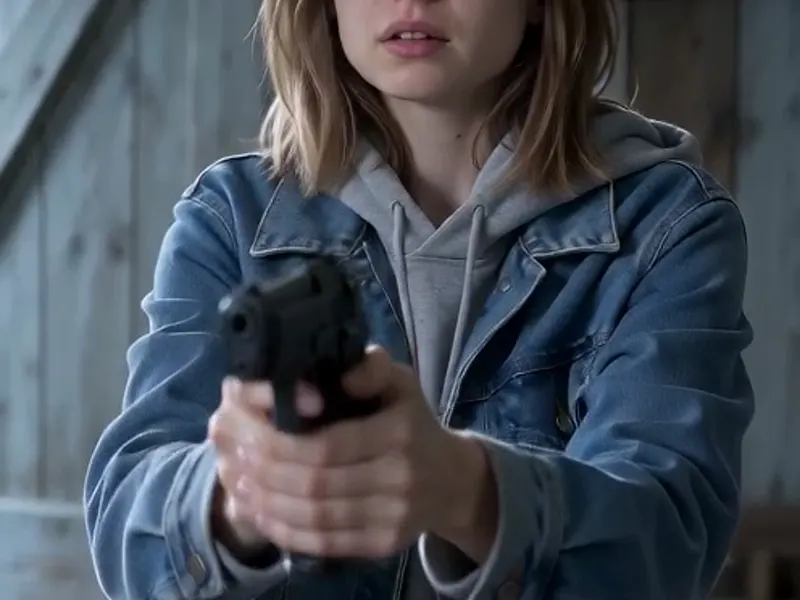A zombie mother with gray skin and white eyes, still recognizable, standing in a cabin