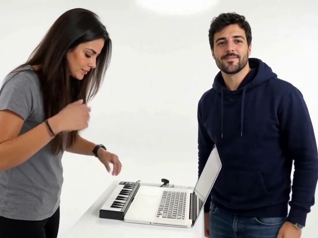 The keyboard player from photo 1 at the tiny keyboard and laptop