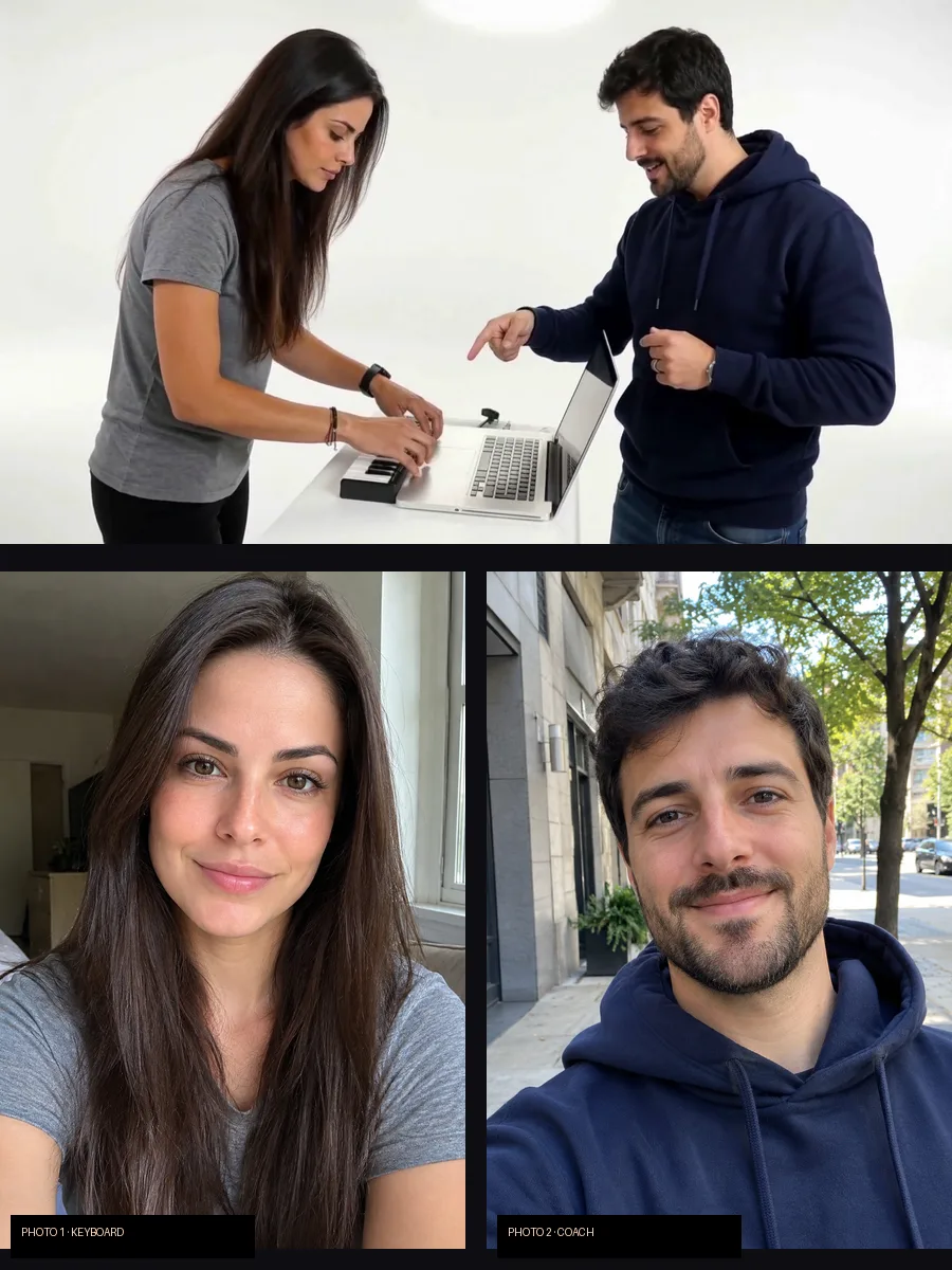 An Alors on Danse AI result: a woman at the tiny keyboard and a man coaching in the white studio, above the two photos that were uploaded