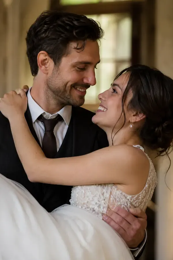 Close-up showing both partners’ faces kept true to the originals