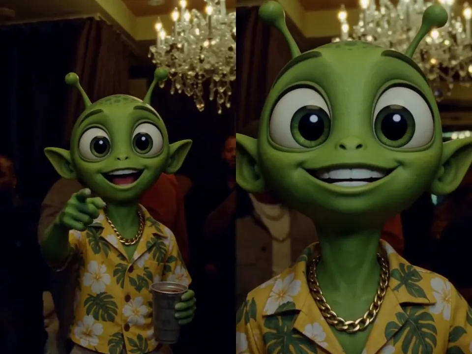 A green cartoon alien raising a cup in the Burning Bridges AI party scene