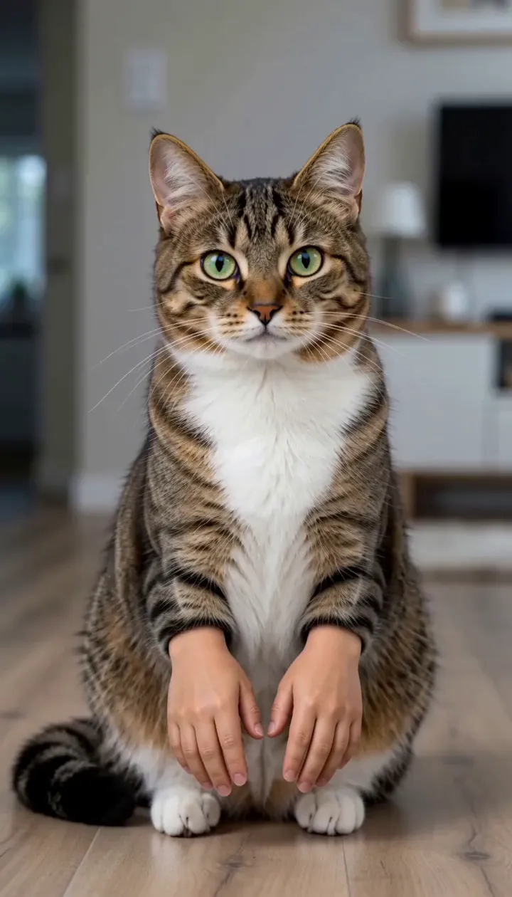 Opening frame from our actual video, tabby sitting upright before the claps