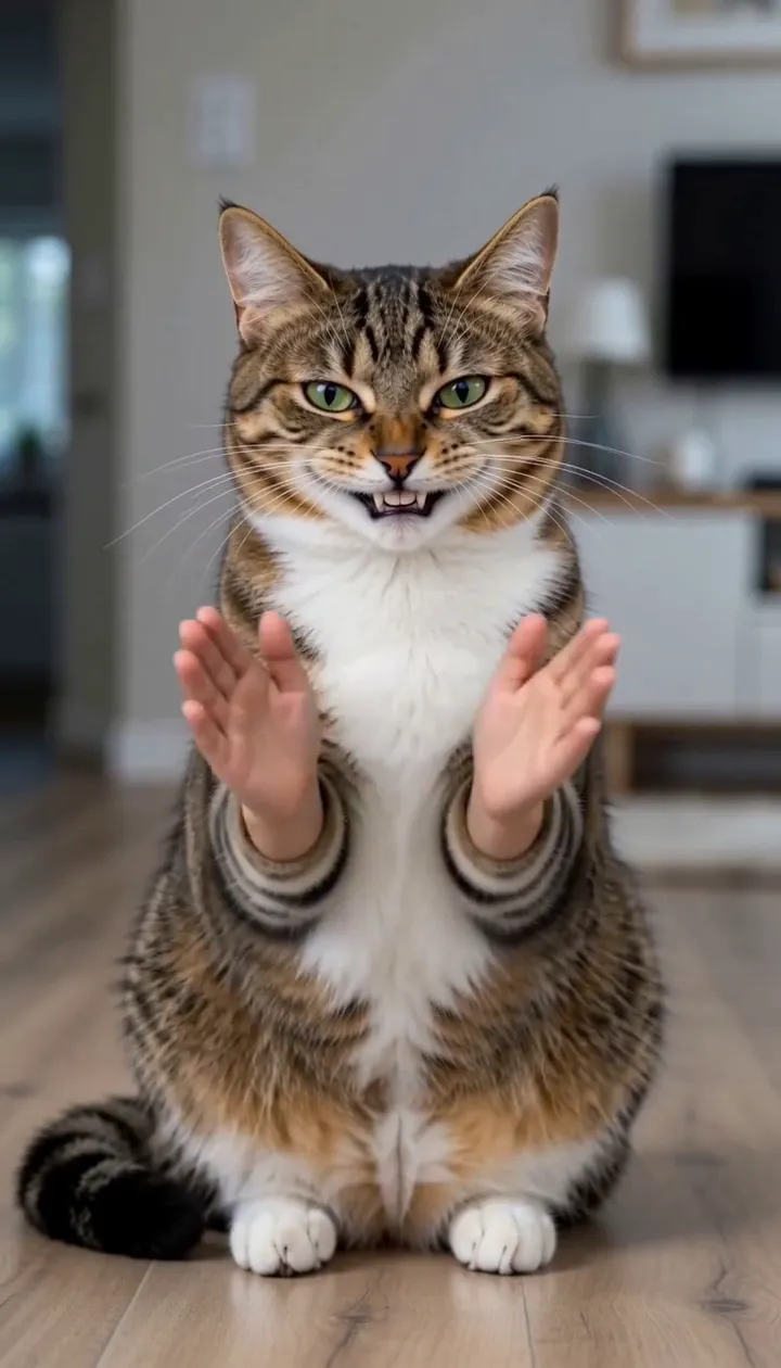Actual video frame showing the cat grinning and bringing its two hands together
