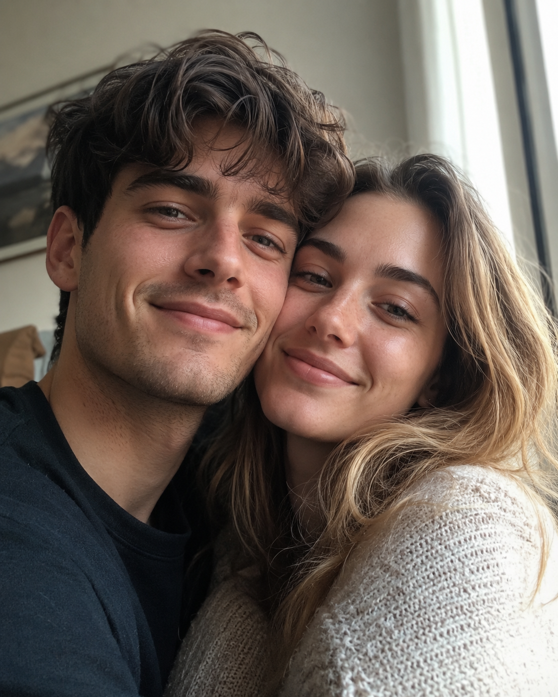 Close-up showing both partners’ faces kept true to the originals