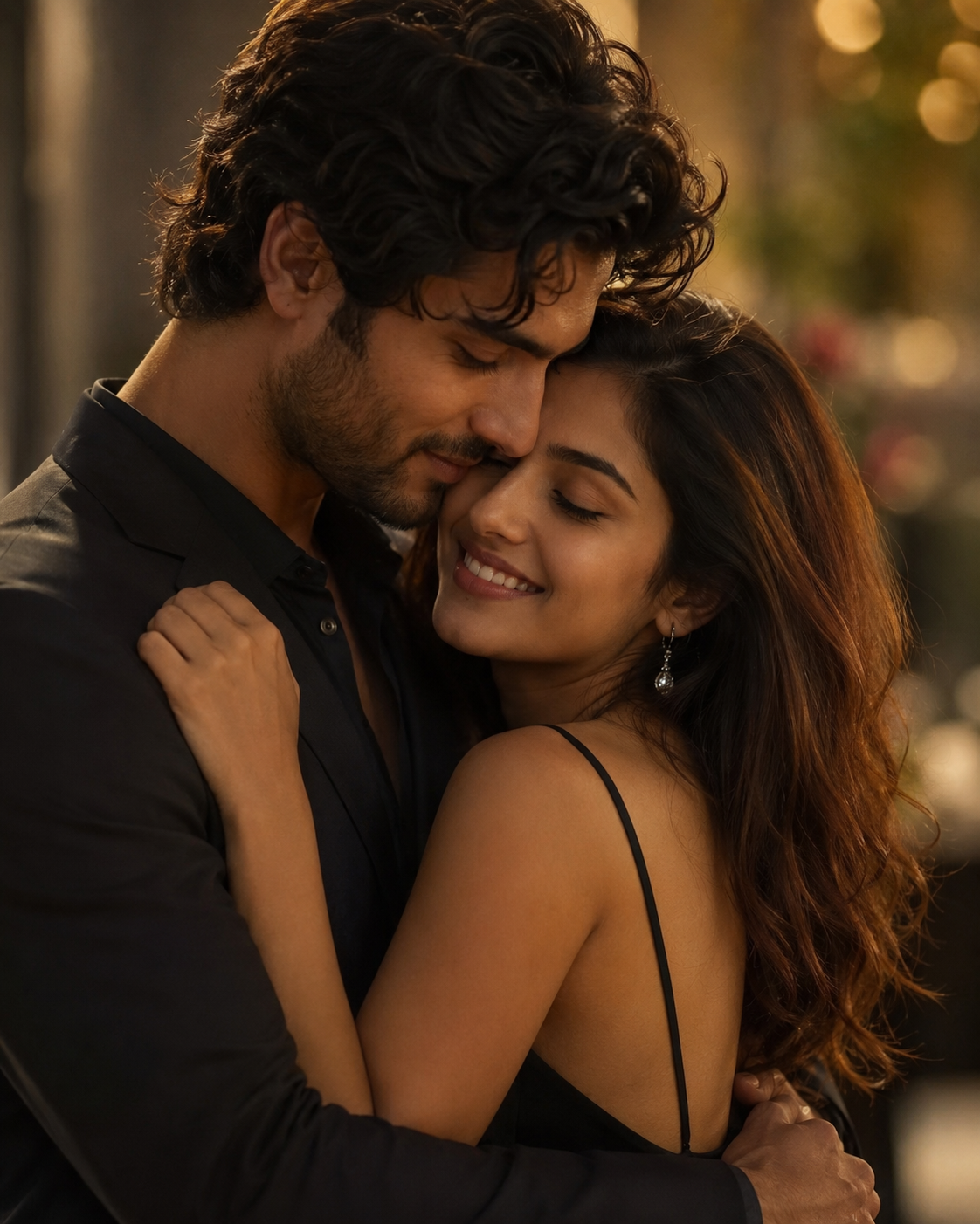 Two partners from different photos merged into one couple hug